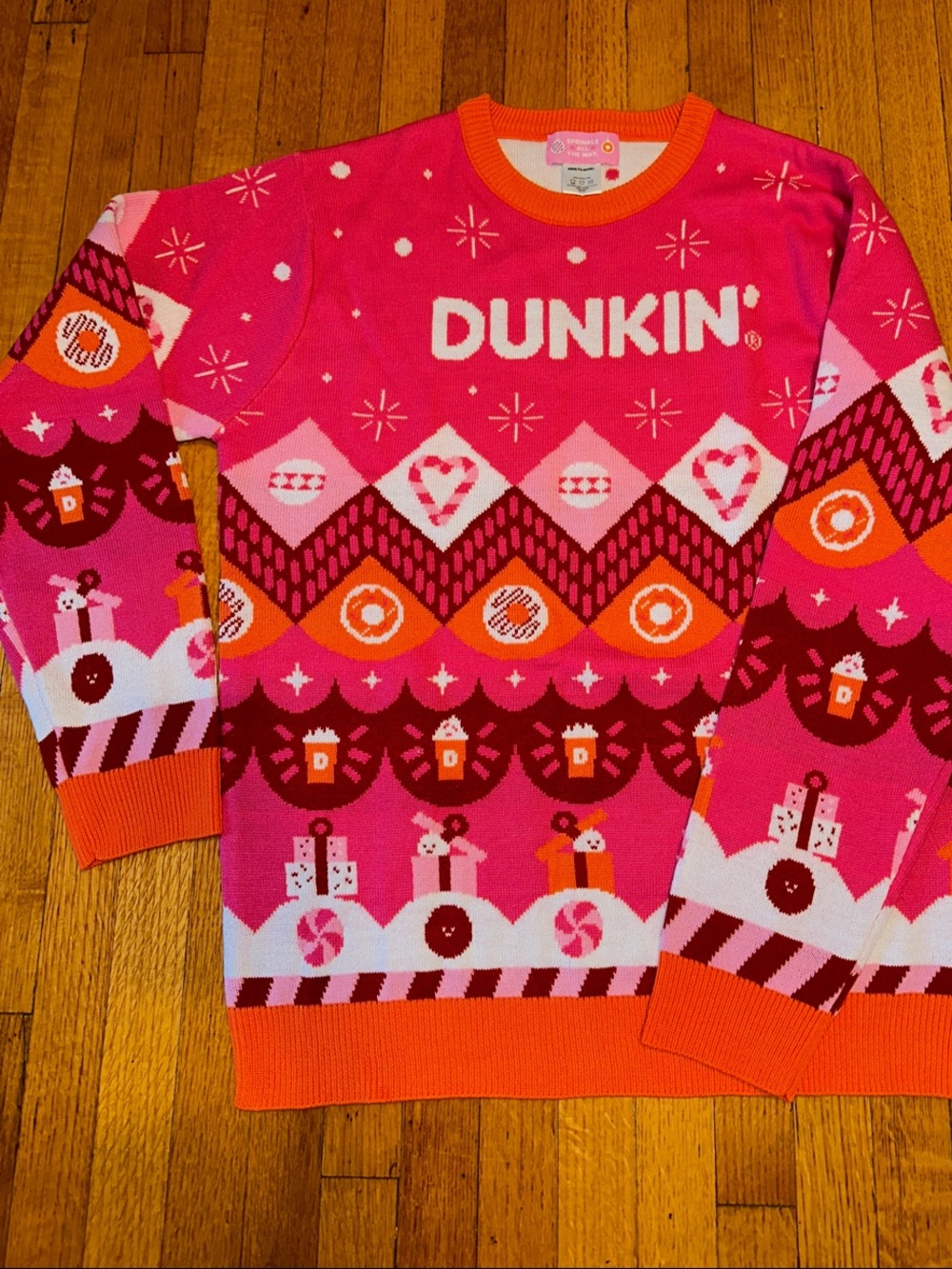 Dunkin' Women's sz Large Pink & Orange Holiday pretty ugly Sweater